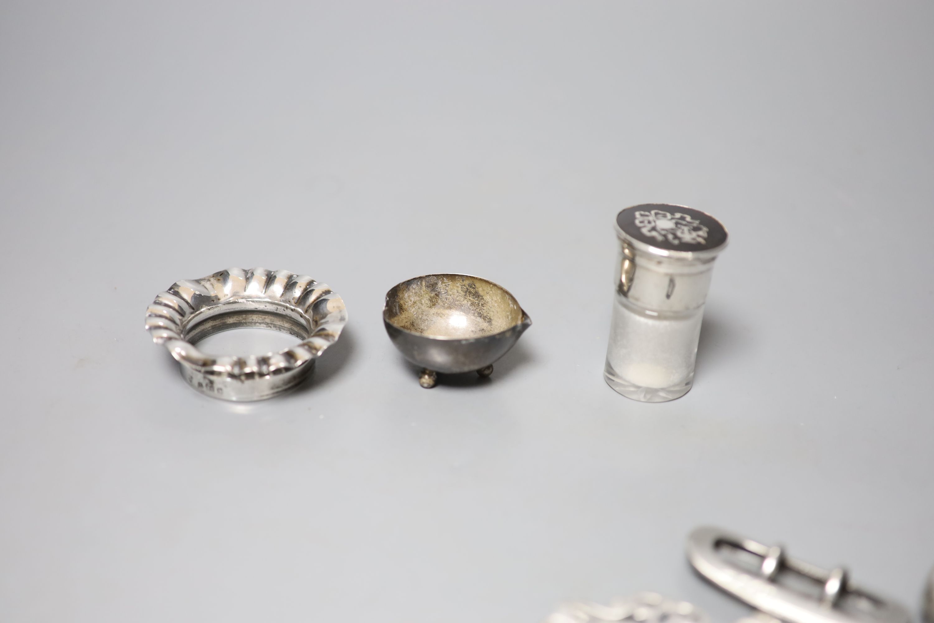 A group of small silver including mesh evening bag, buckles, salts bottle etc.